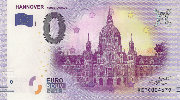 0 Euro biljet Duitsland 2017 - Hannover Neues Rathaus