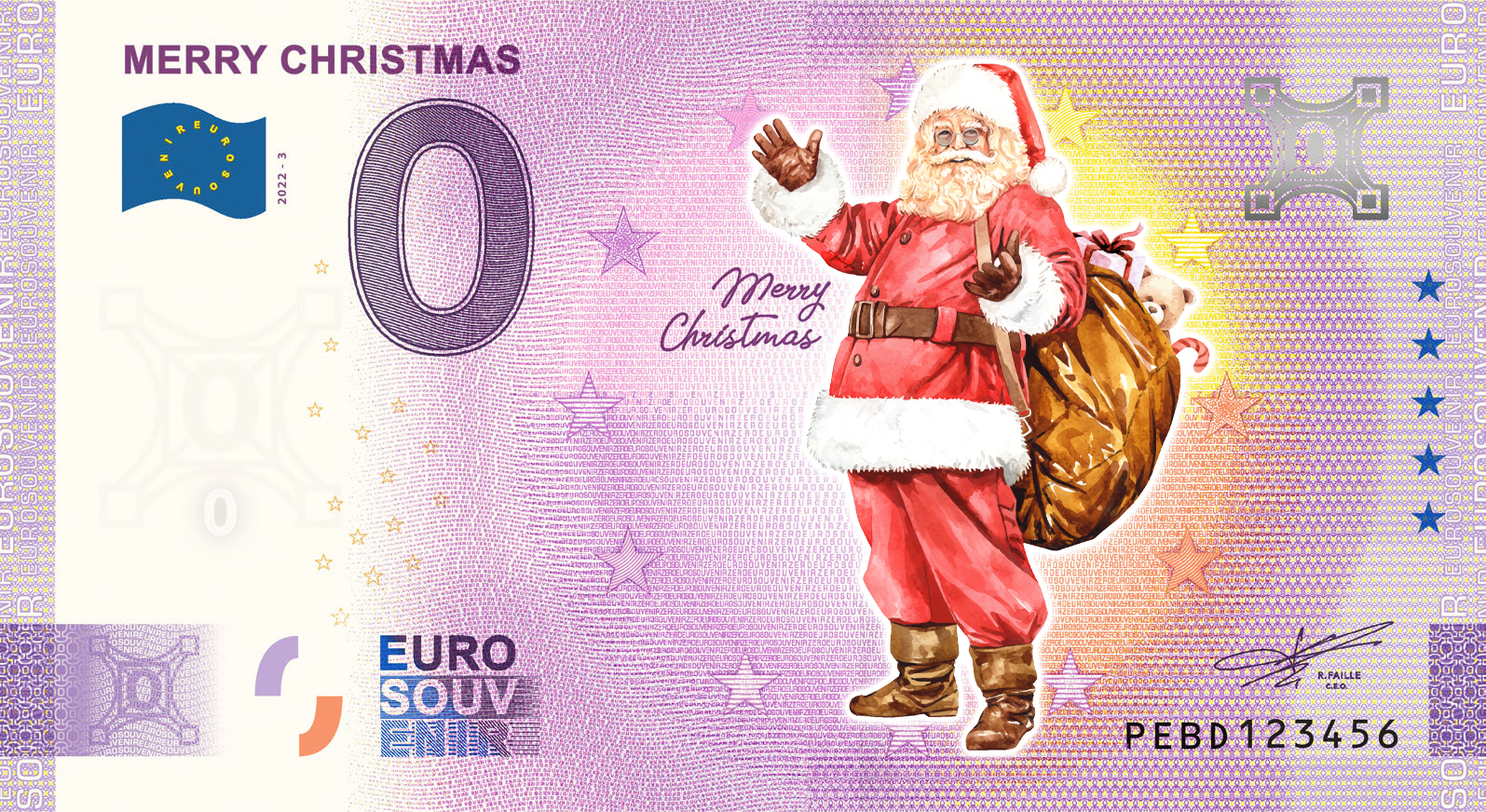 0 Euro biljet Nederland 2022 - Merry Christmas KLEUR