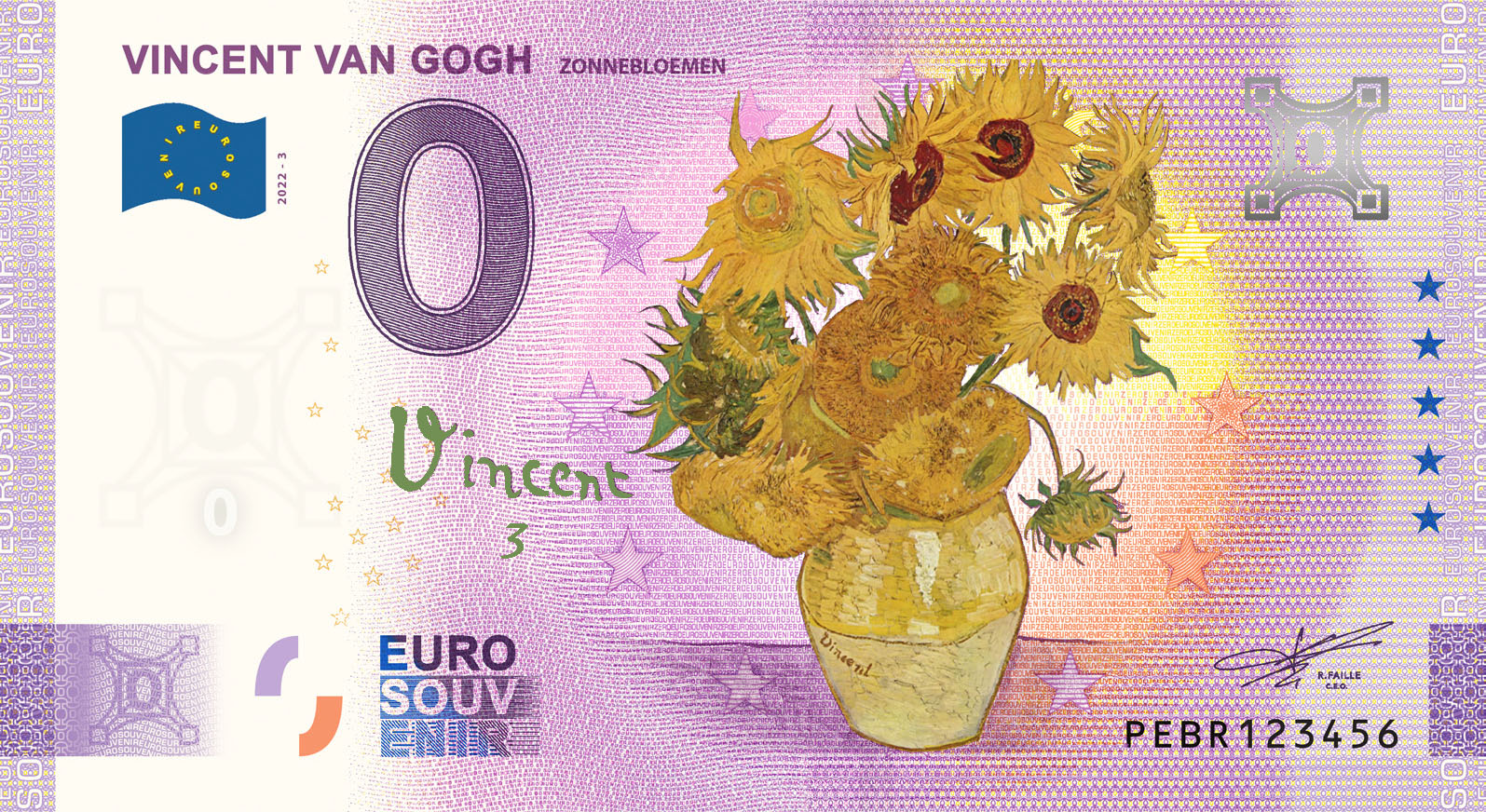 0 Euro biljet Nederland 2022- Vincent van Gogh III Zonnebloemen KLEUR