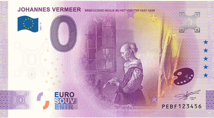 0 Euro biljet Nederland 2021 - Vermeer Brieflezend meisje bij het venster