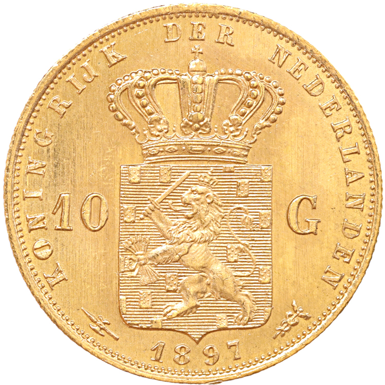 Nederland 10 Gulden goud Wilhelmina lang haar 10 ex.