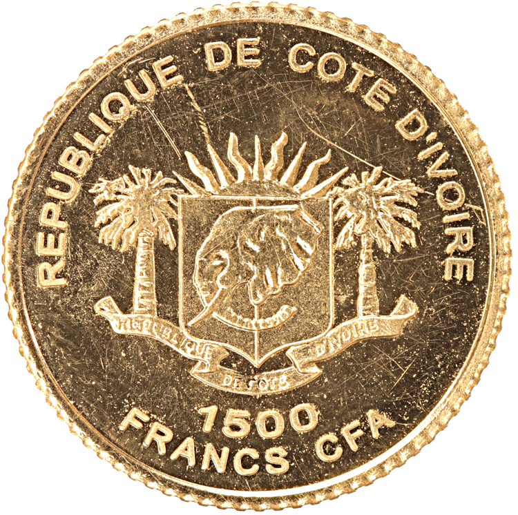 Ivory Coast 1500 Francs gold 2006 Jardin Suspense de Babylone UNC