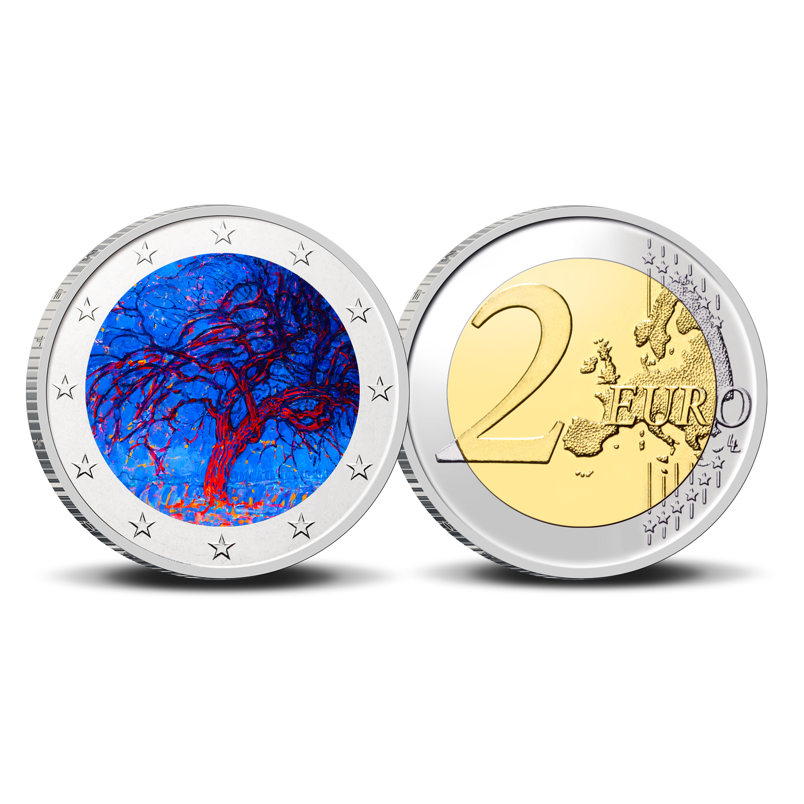 2 Euro munt kleur Mondriaan Avond: De rode boom