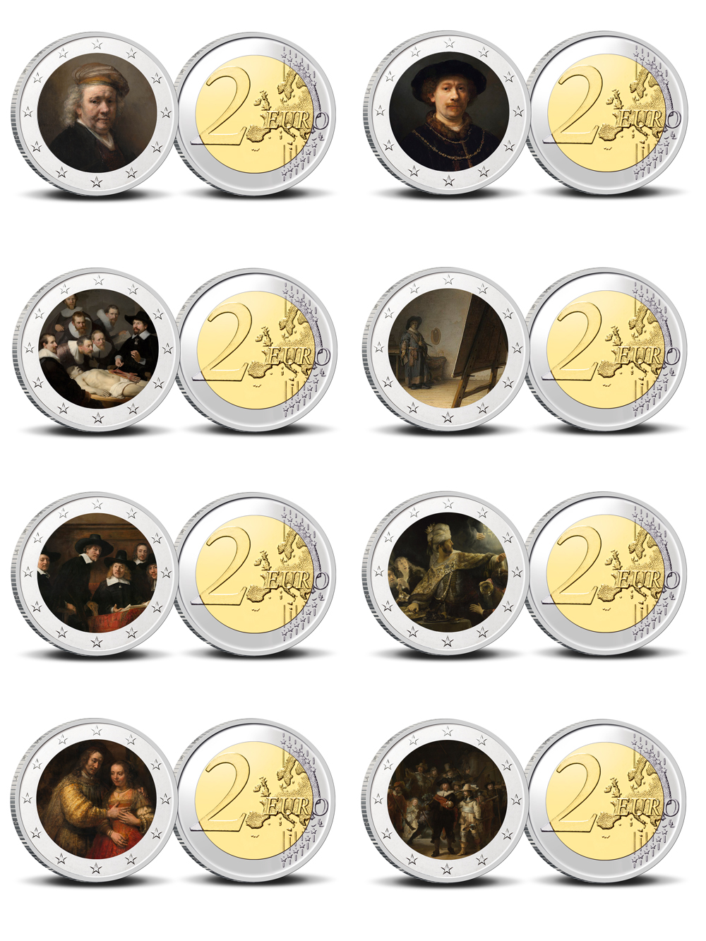 2 Euro munten kleur Rembrandt 1/8 complete set