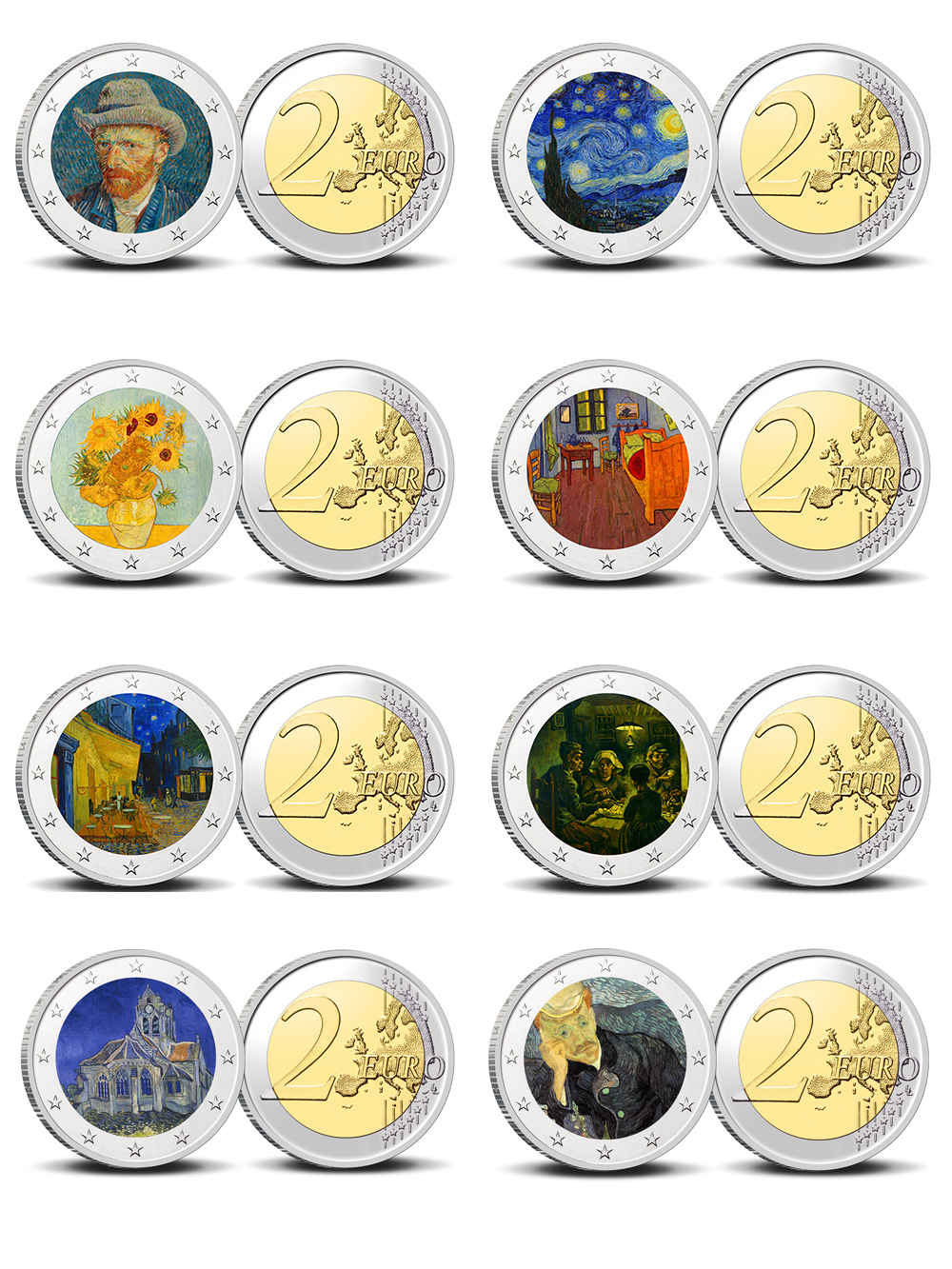 2 Euro munten kleur Van Gogh 1/8 complete set
