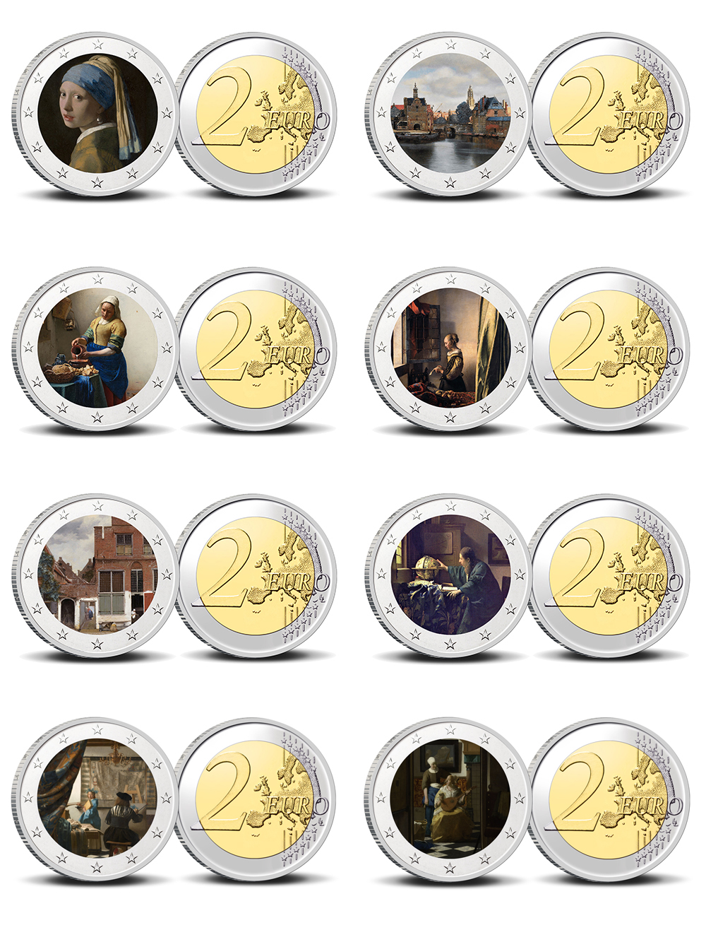2 Euro munten kleur Vermeer 1/8 complete set