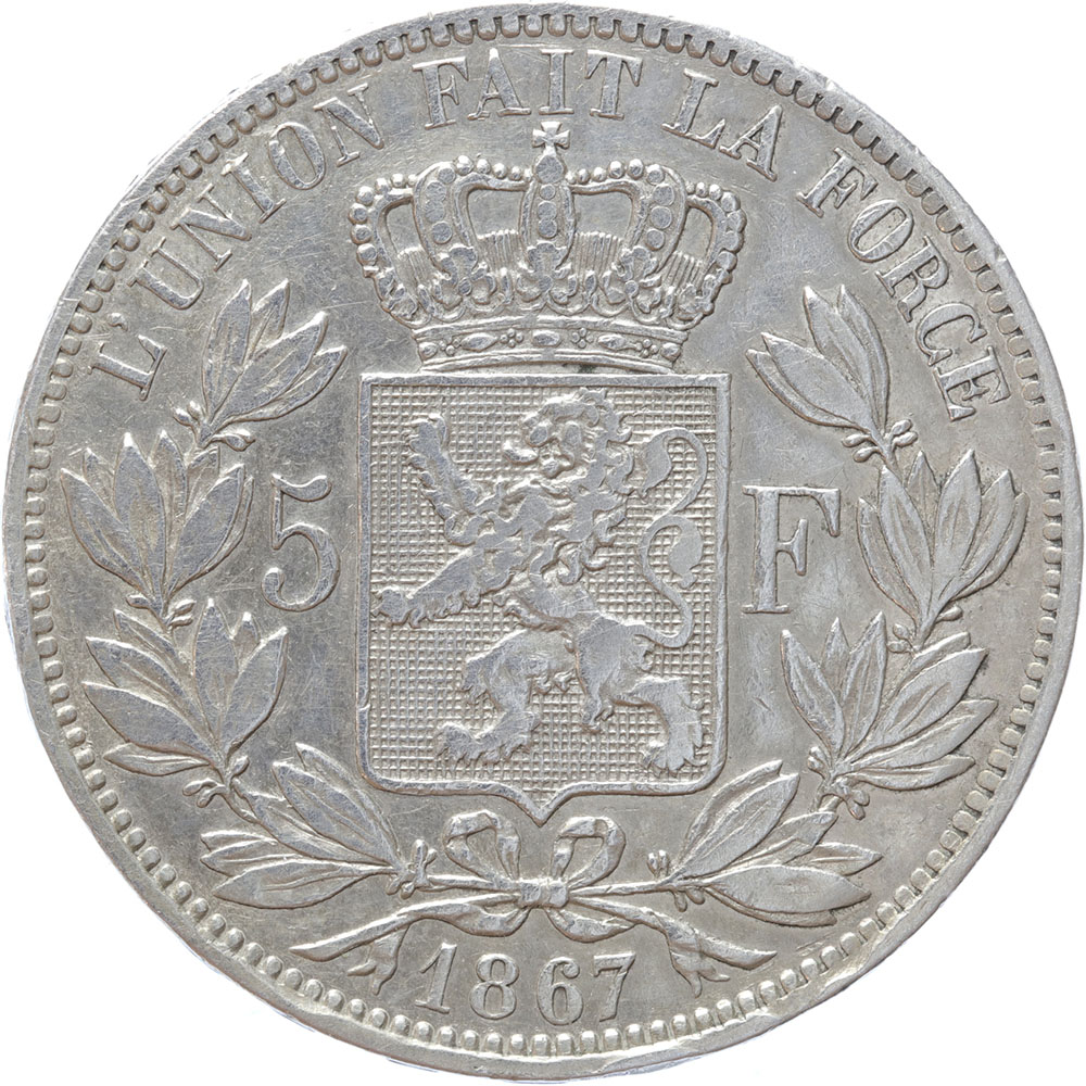 Belgium 5 Francs 1867 silver VF