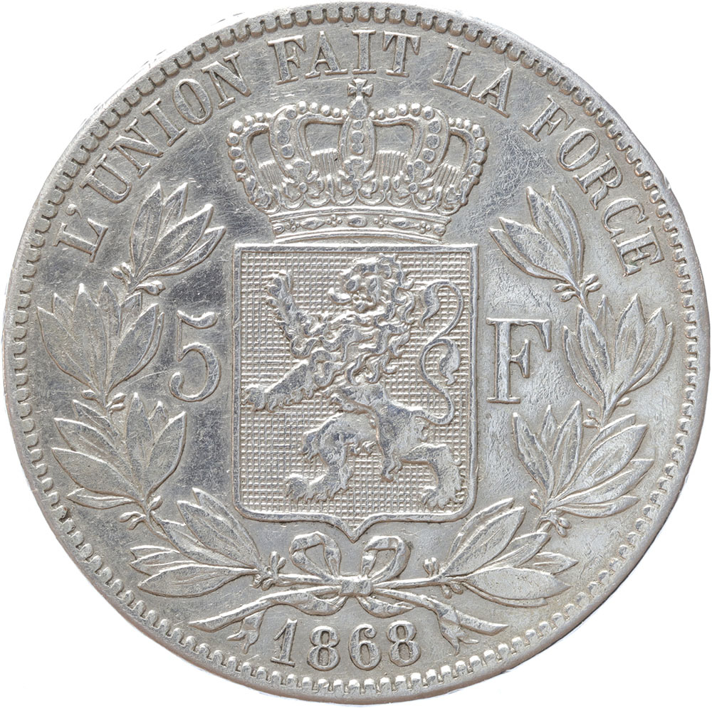 Belgium 5 Francs 1868 silver VF