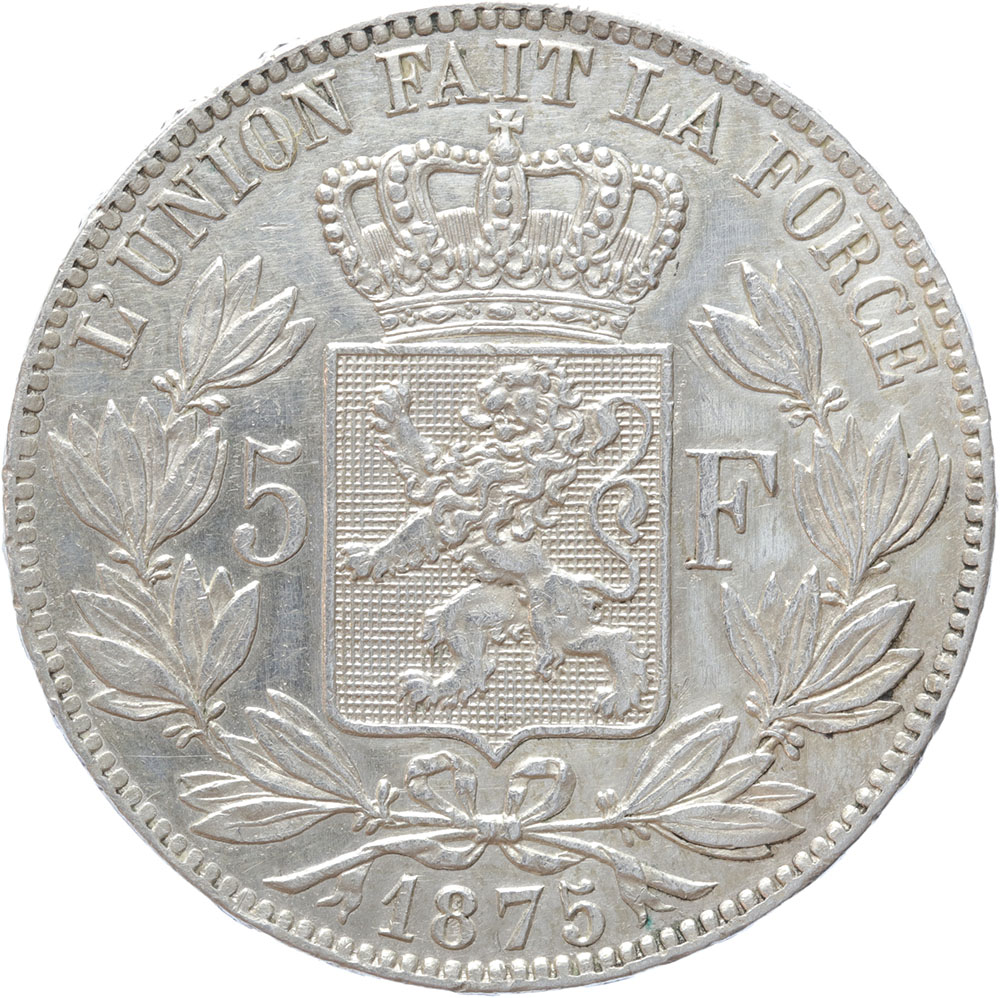 Belgium 5 Francs 1875 silver VF/XF