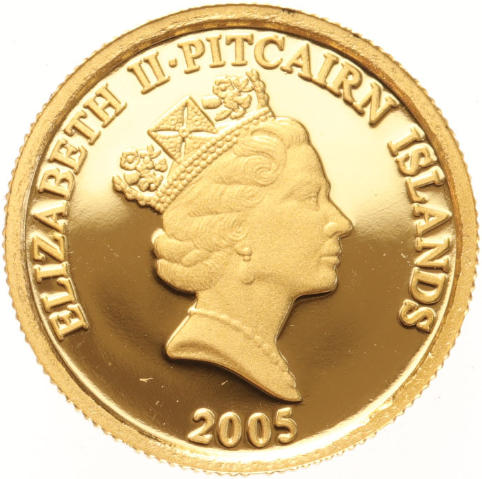 Pitcairn Islands 5 Dollars gold 2005 Bounty Bibel and Ship proof