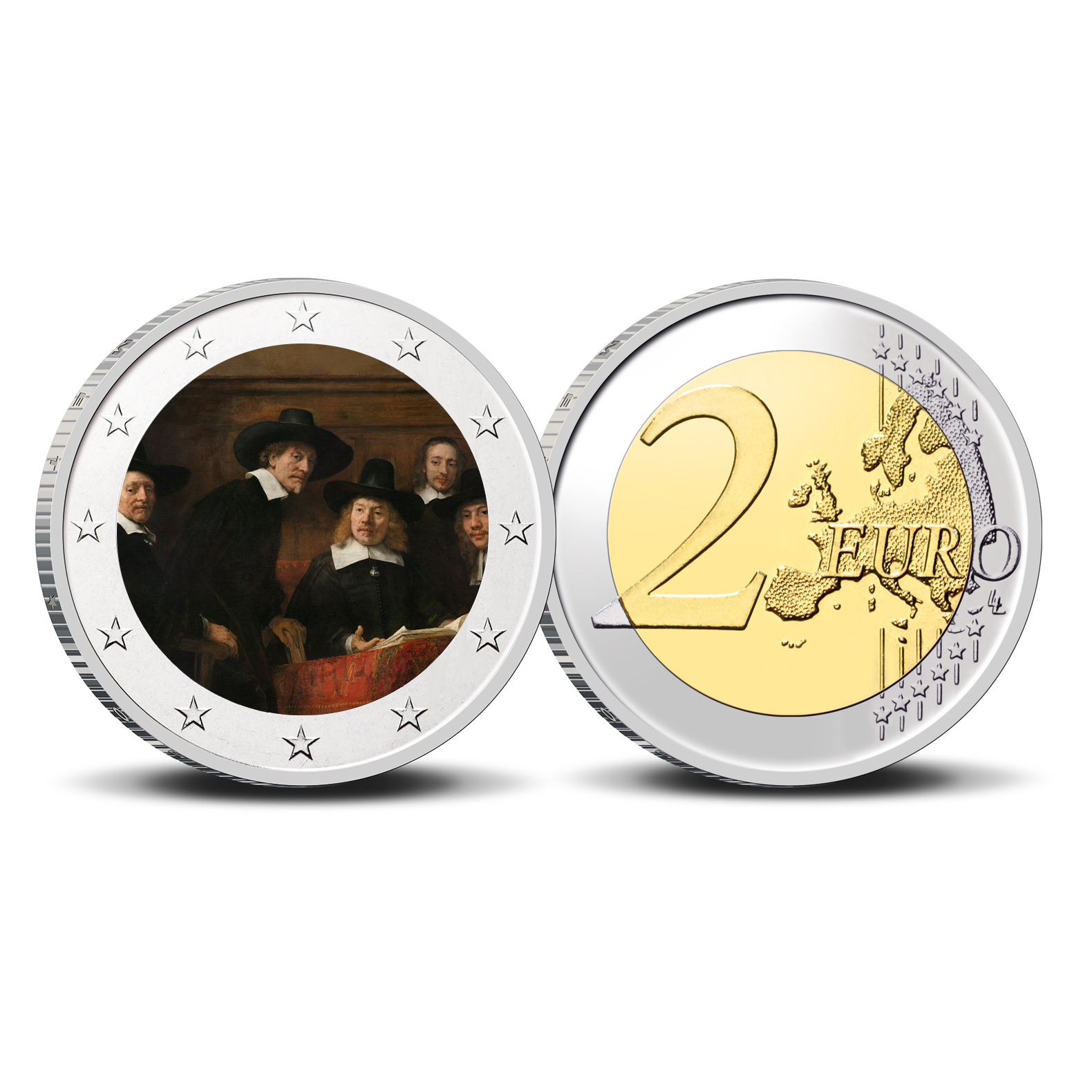 2 Euro munt kleur Rembrandt De Staalmeesters