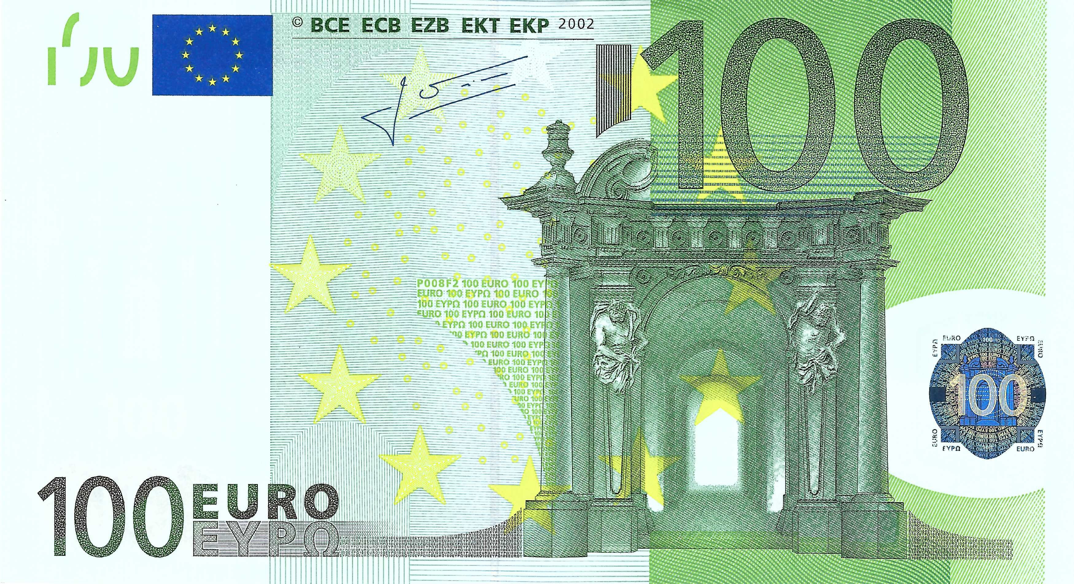 100 Euro biljet 2002 met handtekening J.-C. Trichet (S/J015)