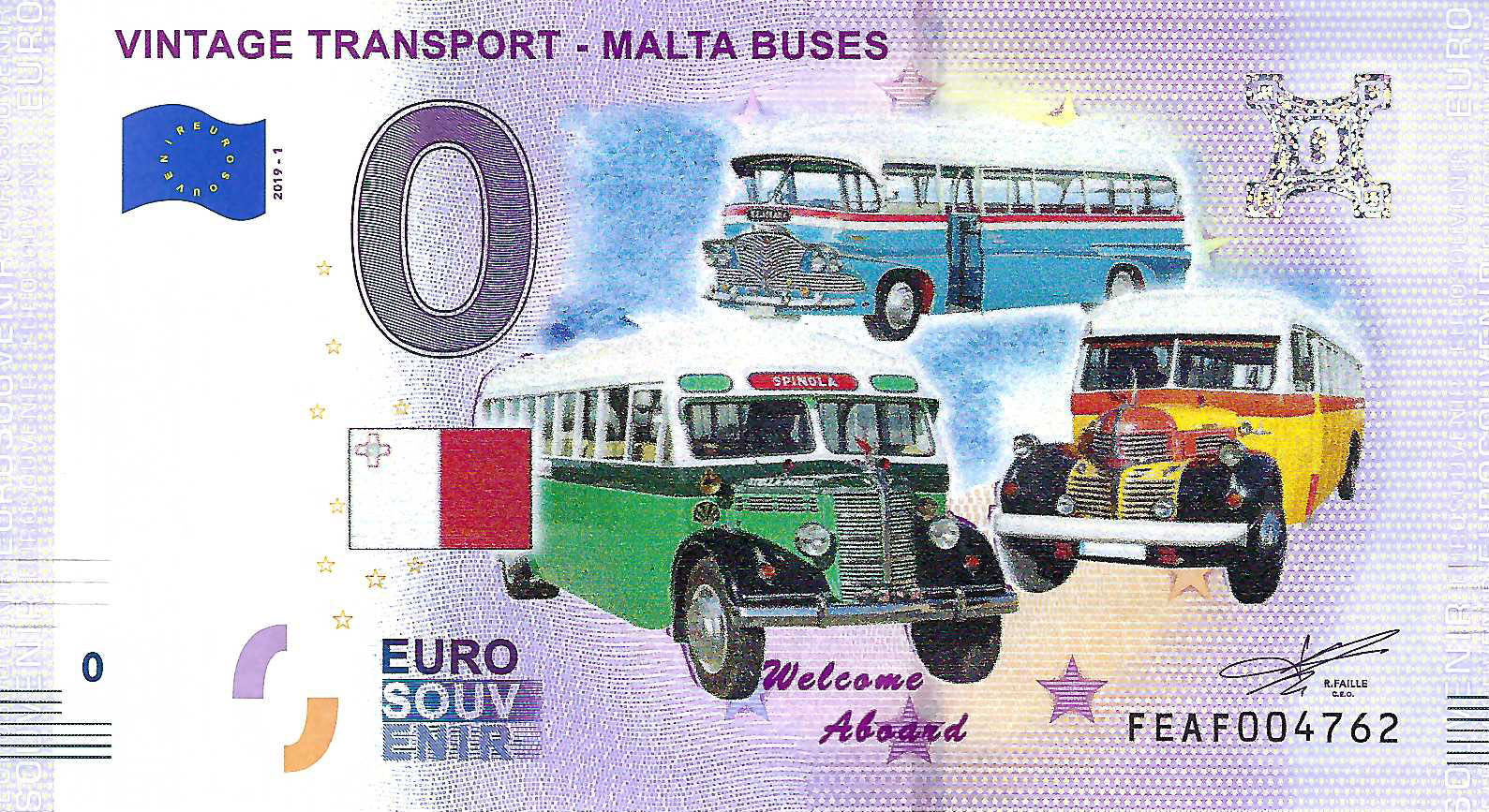 0 Euro biljet Malta 2019 - Vintage Transport Malta Buses KLEUR