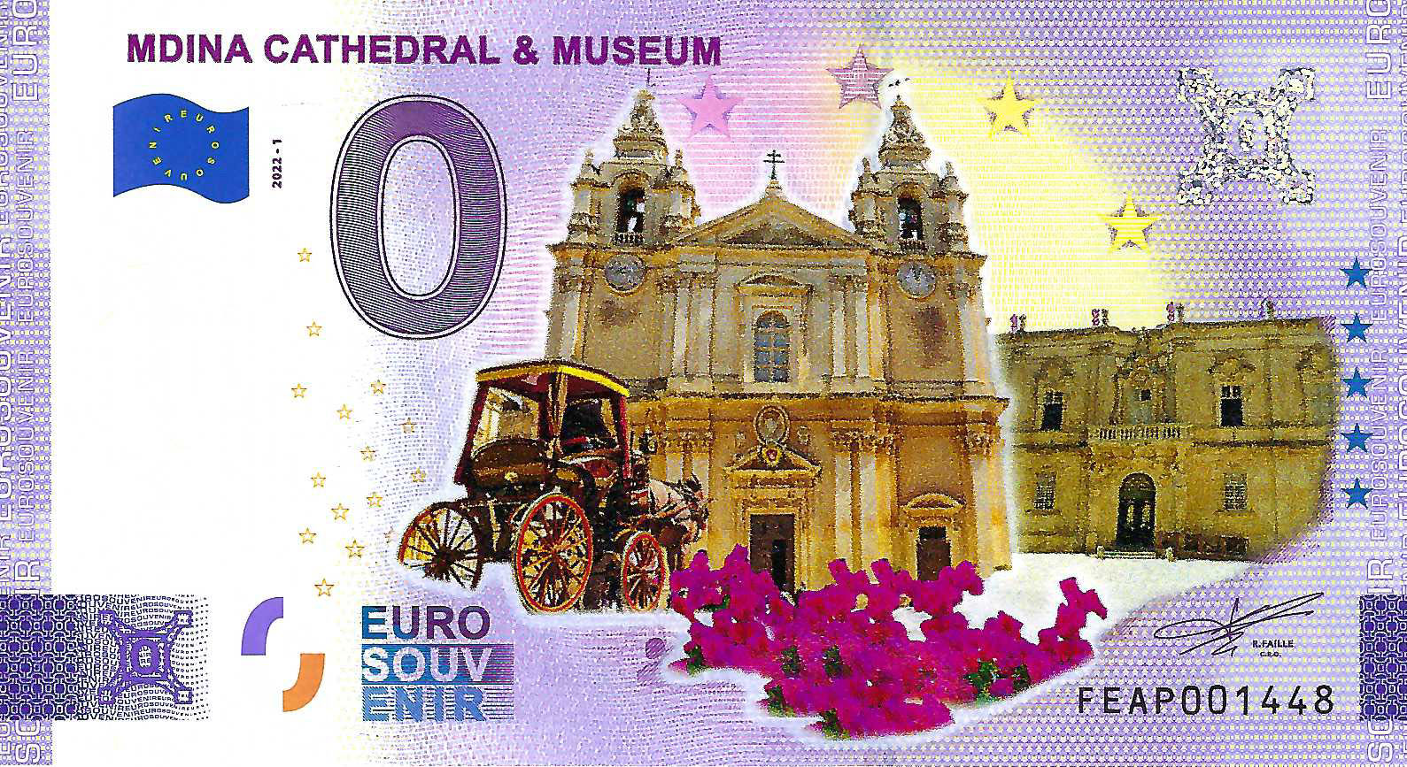 0 Euro biljet Malta 2022 - Mdina Cathedral & Museum KLEUR