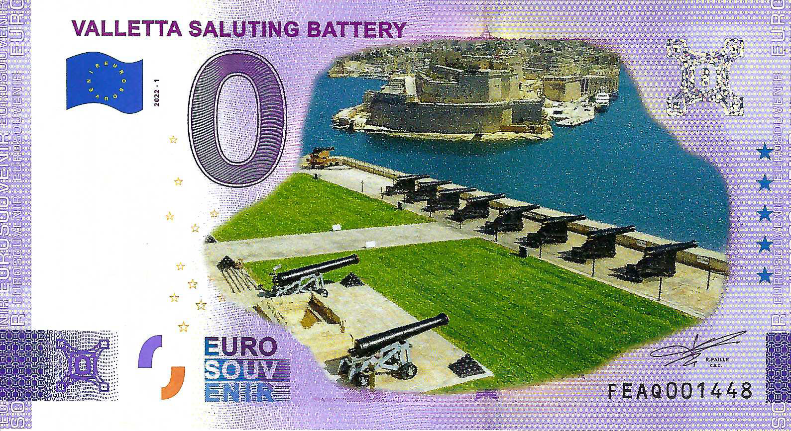 0 Euro biljet Malta 2022 - Valletta Saluting Battery KLEUR