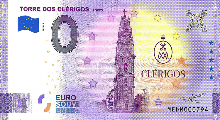 0 Euro biljet Portugal 2021 - Torre dos Clerigos Porto