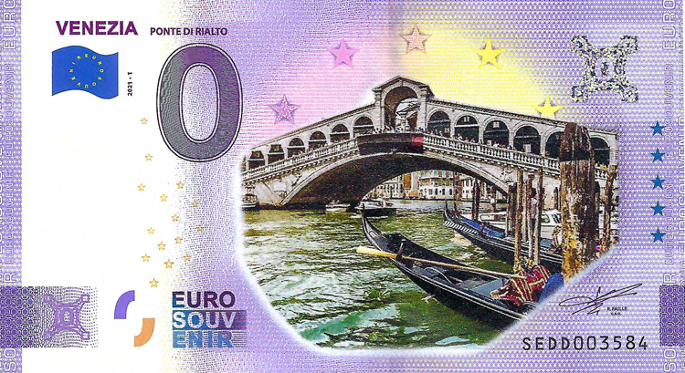 0 Euro biljet Italië 2021 - Venezia Ponte di Rialto KLEUR