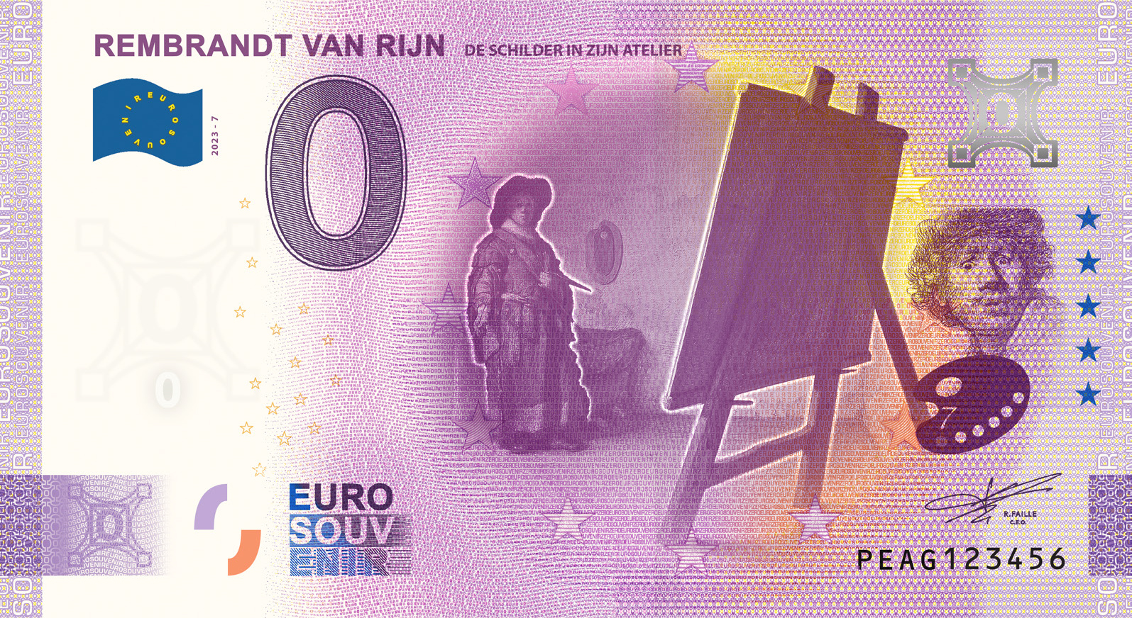 0 Euro biljet Nederland 2023 - Rembrandt van Rijn VII De Schilder in zijn Atelier