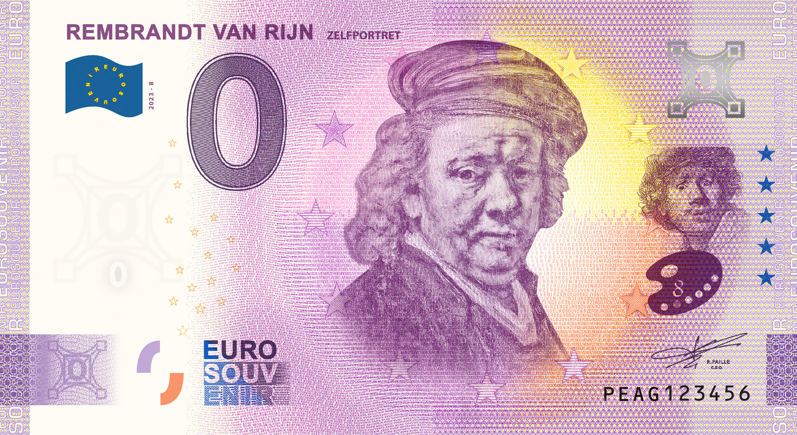 0 Euro biljet Nederland 2023 - Rembrandt van Rijn VIII Zelfportret