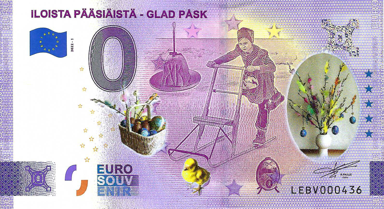 0 Euro biljet Finland 2022 - Iloista Paasiaista - Glad Pask KLEUR