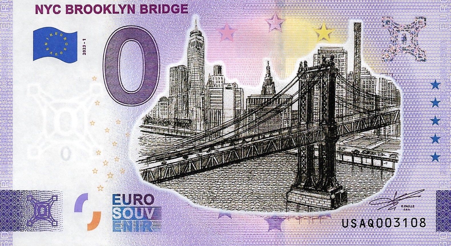 0 Euro biljet USA 2023 - NYC Brooklyn Bridge KLEUR