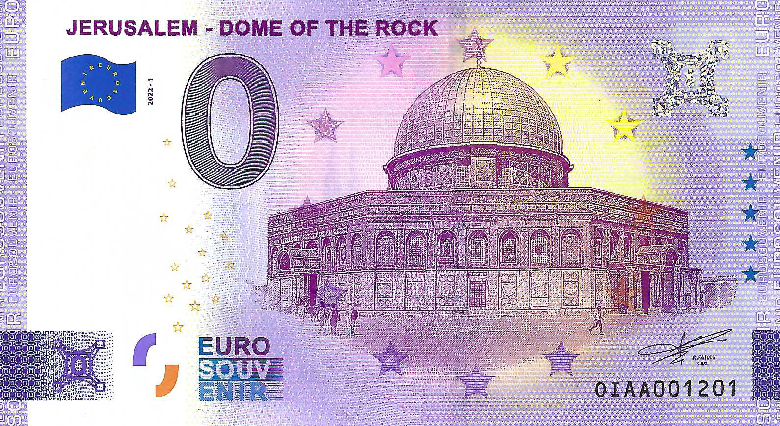 0 Euro biljet Palestina 2022 - Jerusalem - Dome of the Rock ANNIVERSARY