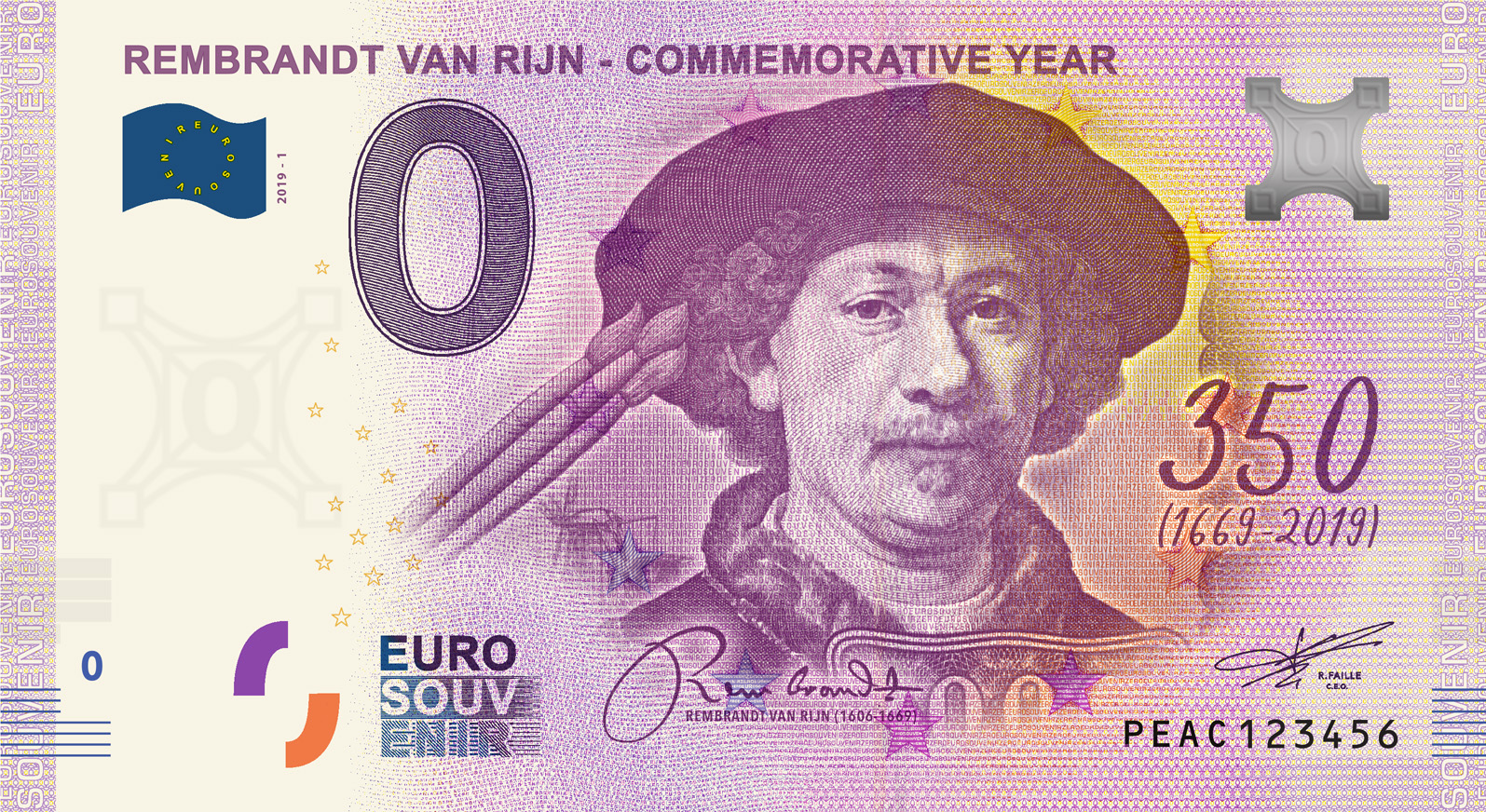 0 Euro biljet Nederland 2019 - Rembrandt Zelfportret