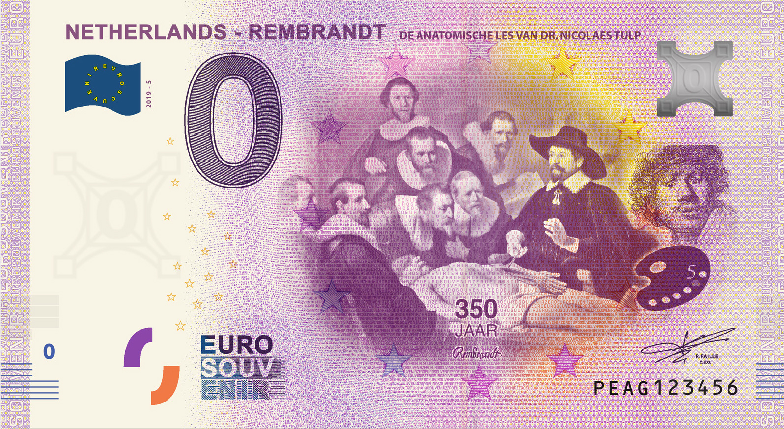 0 Euro biljet Nederland 2019 - Rembrandt De Anatomische les van Dr. Nicolaes Tulp