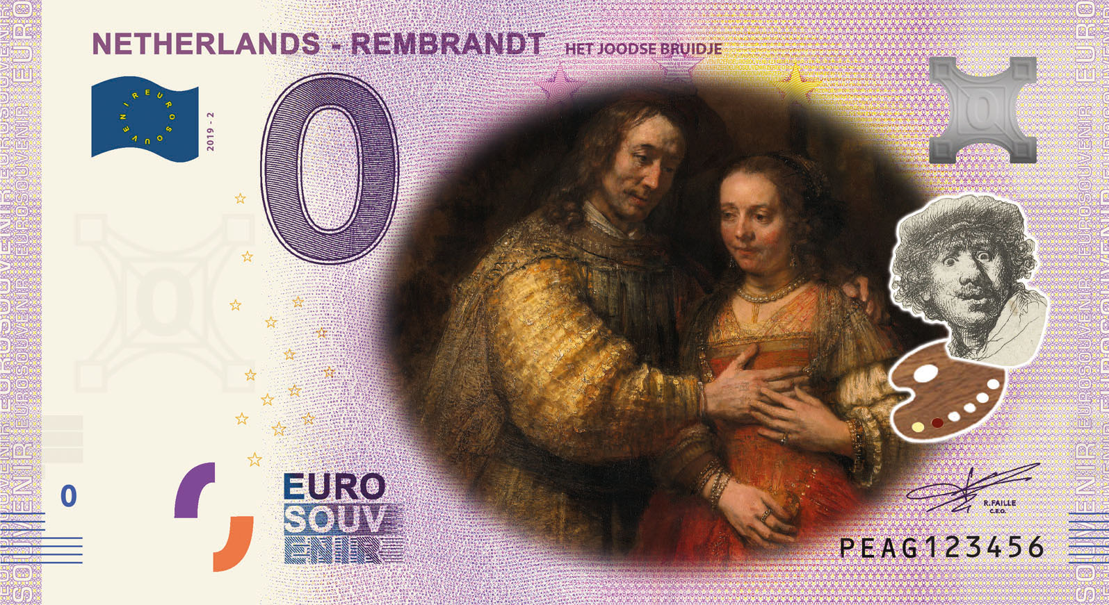 0 Euro biljet Nederland 2019 - Rembrandt Het Joodse Bruidje KLEUR