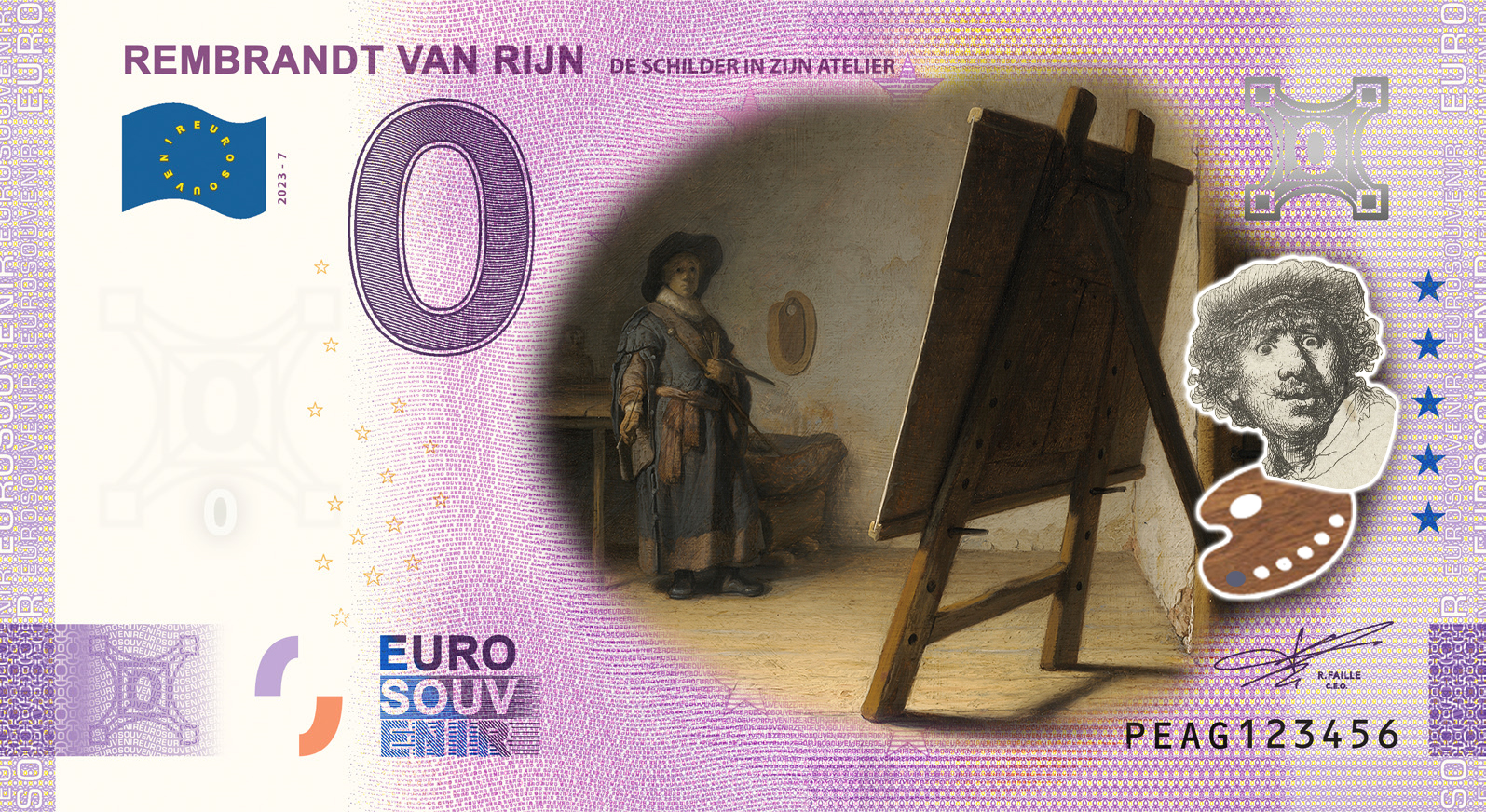 0 Euro biljet Nederland 2023 - Rembrandt van Rijn VII De Schilder in zijn Atelier KLEUR