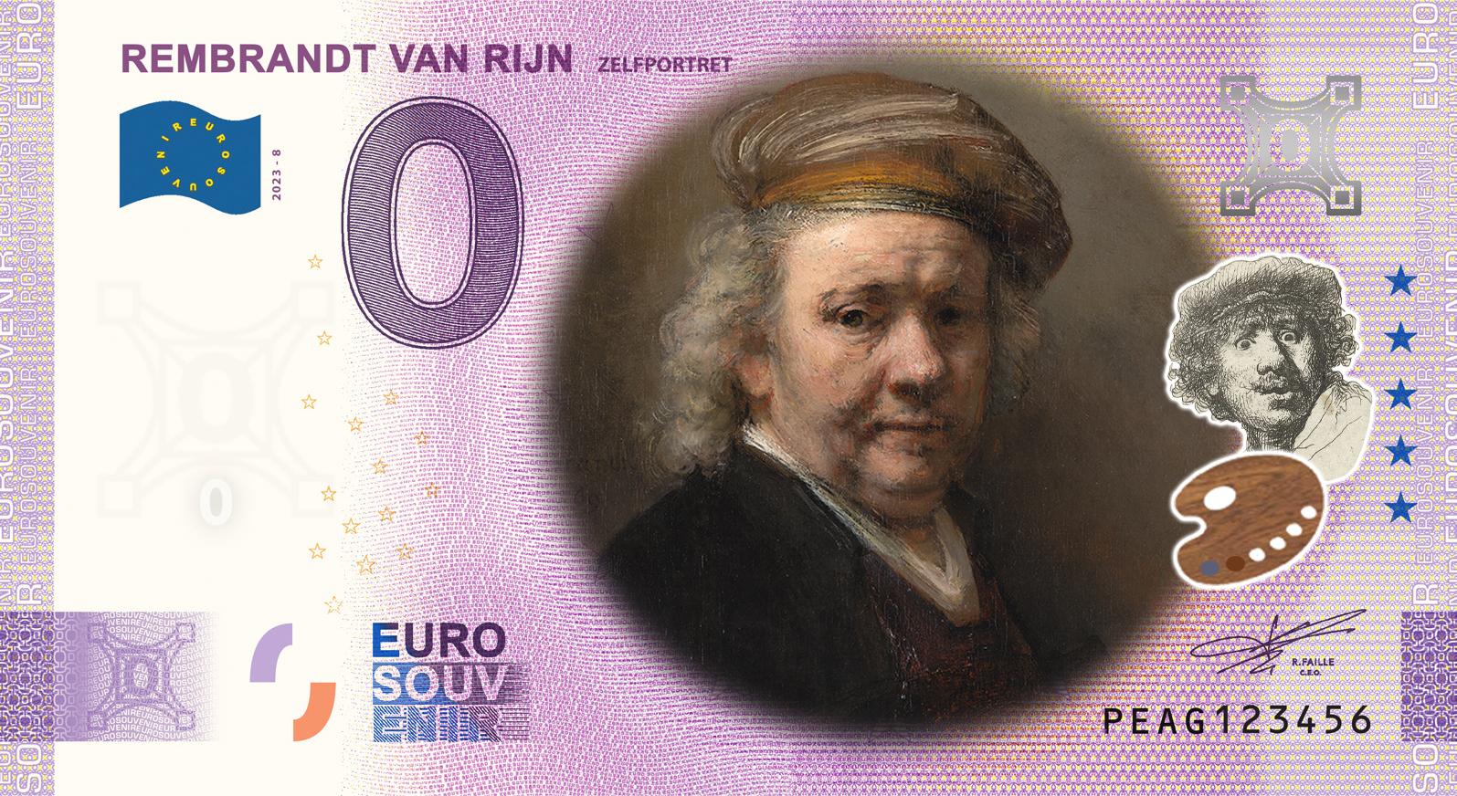 0 Euro biljet Nederland 2023 - Rembrandt van Rijn VIII Zelfportret KLEUR
