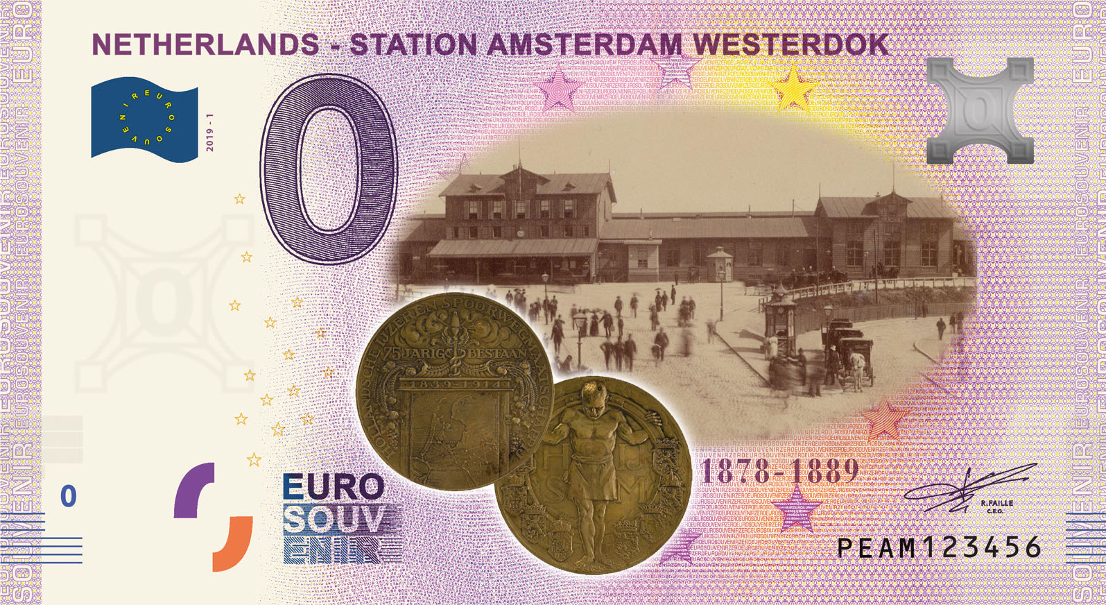 0 Euro biljet Nederland 2019 - Station Amsterdam Westerdok KLEUR