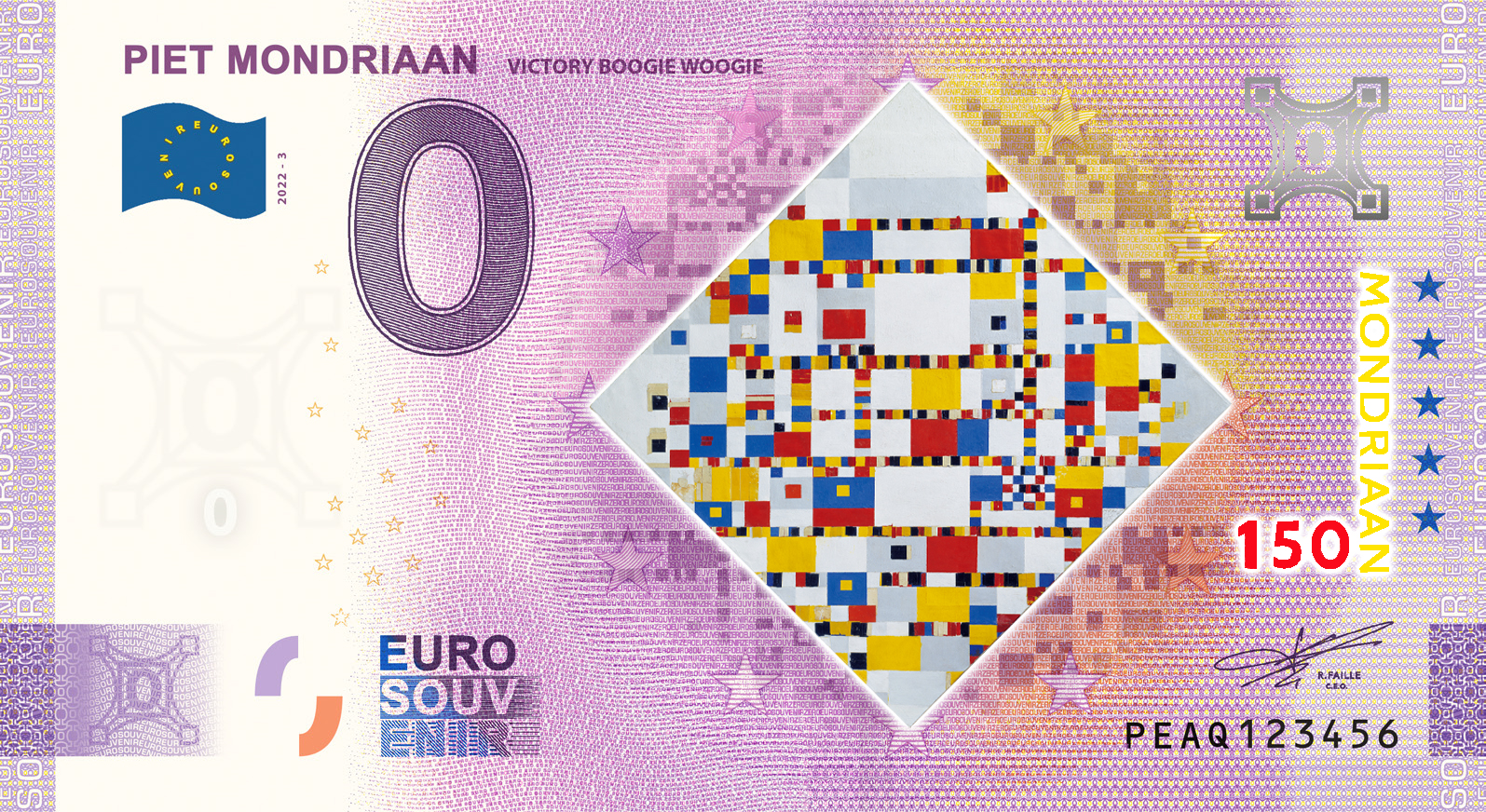 0 Euro biljet Nederland 2022 - Mondriaan Victory Boogie Woogie KLEUR