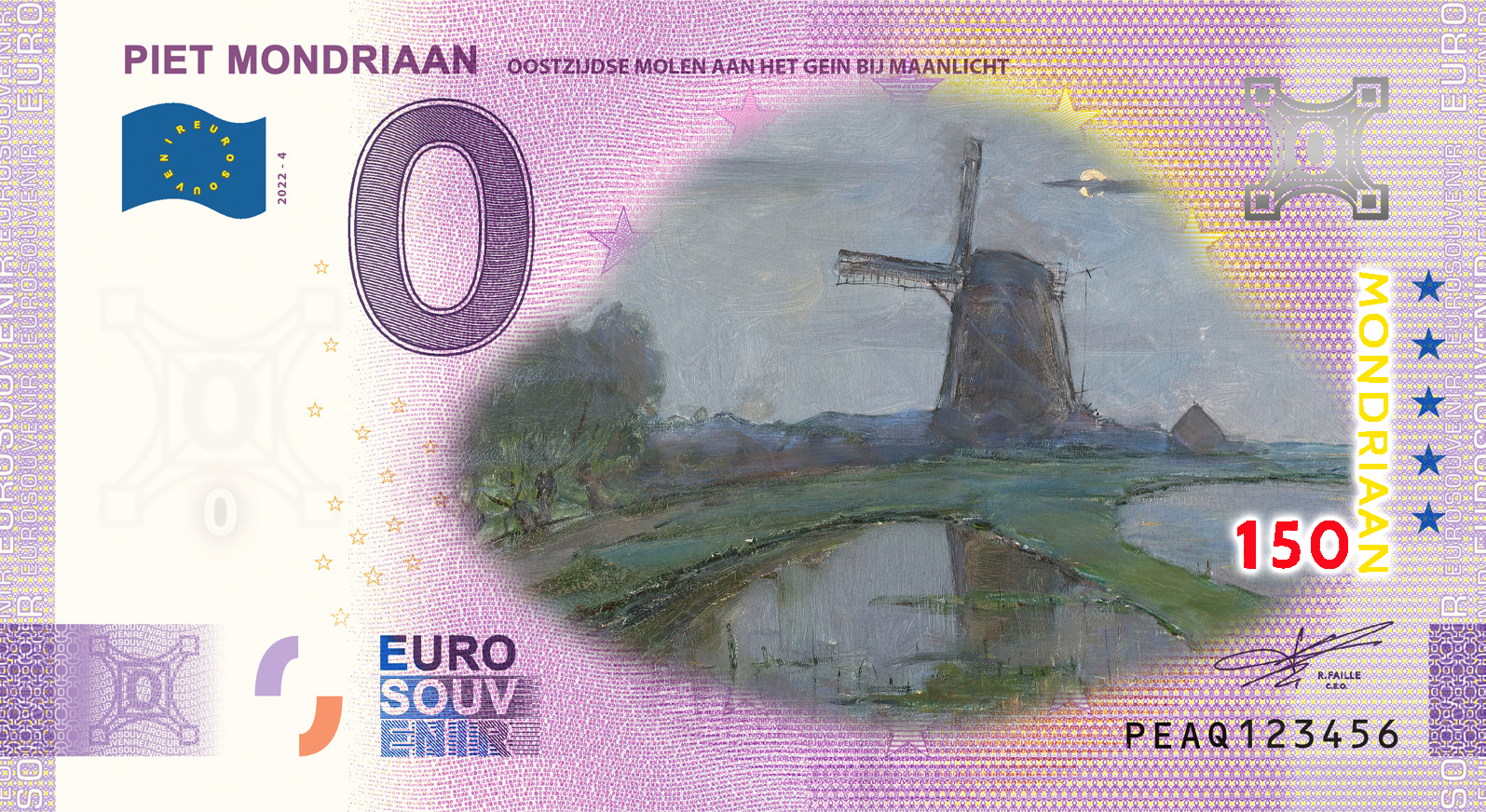 0 Euro biljet Nederland 2022 - Mondriaan Oostzijdse Molen KLEUR