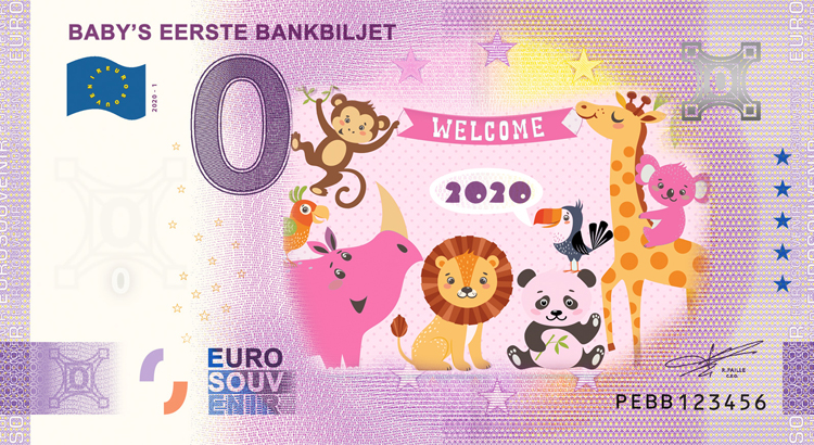 0 Euro biljet Nederland 2020 - Baby's eerste bankbiljet KLEUR ROZE