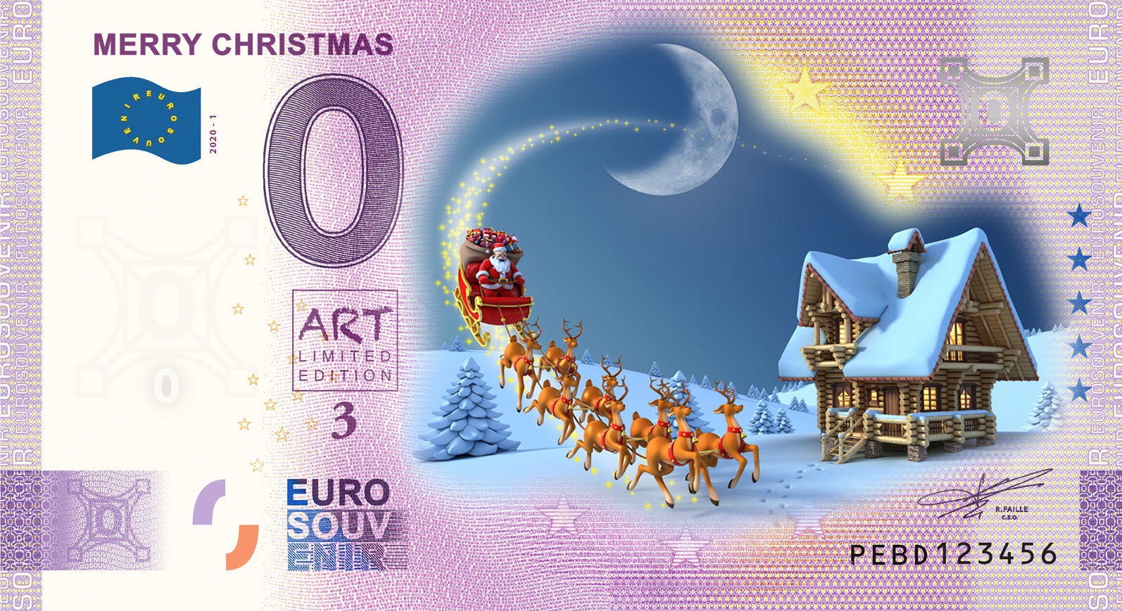 0 Euro biljet Nederland 2020 - Merry Christmas KLEUR