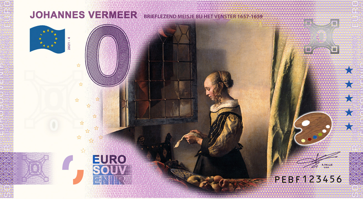 0 Euro biljet Nederland 2021 - Vermeer Brieflezend meisje bij het venster KLEUR