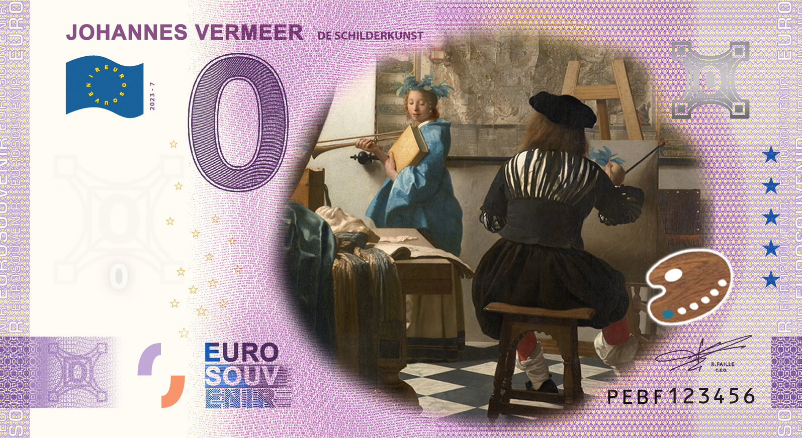 0 Euro biljet Nederland 2023 - Johannes Vermeer VII De Schilderkunst KLEUR
