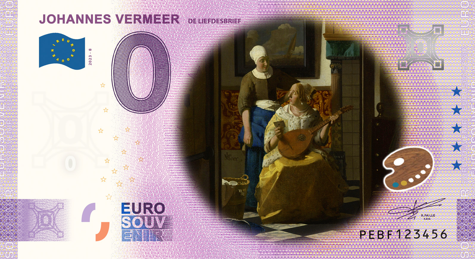 0 Euro biljet Nederland 2023 - Johannes Vermeer VIII De Liefdesbrief KLEUR