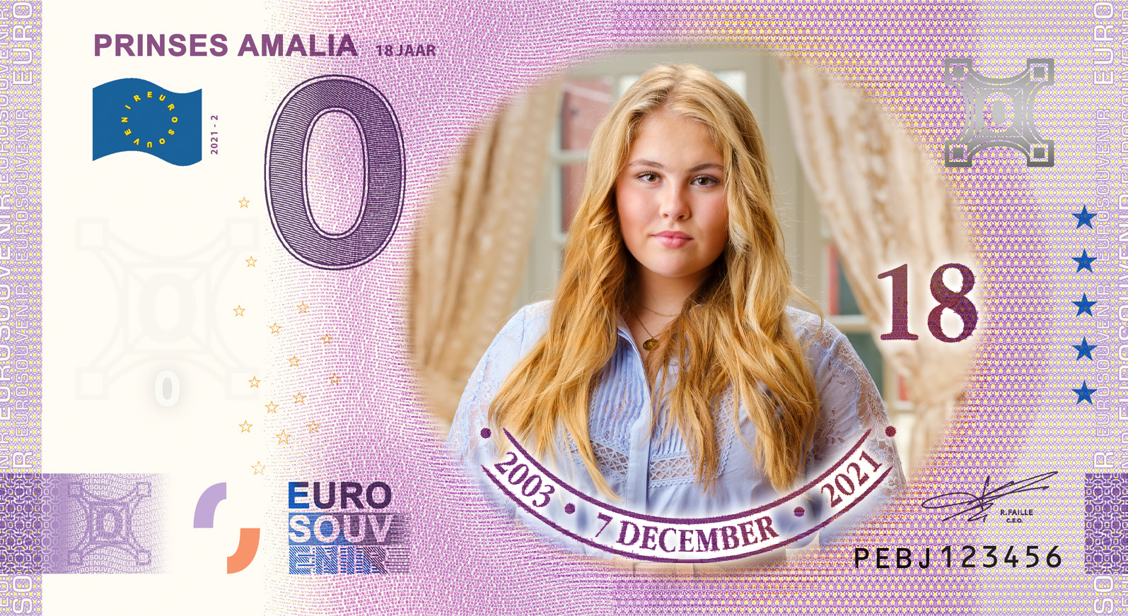 0 Euro biljet Nederland 2021 - Prinses Amalia 18 jaar KLEUR