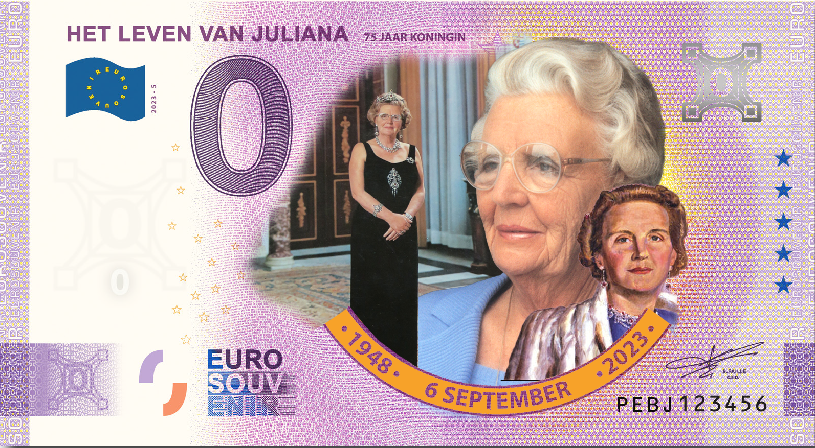 0 Euro biljet Nederland 2023 - Het leven van Juliana 75 jaar koningin KLEUR
