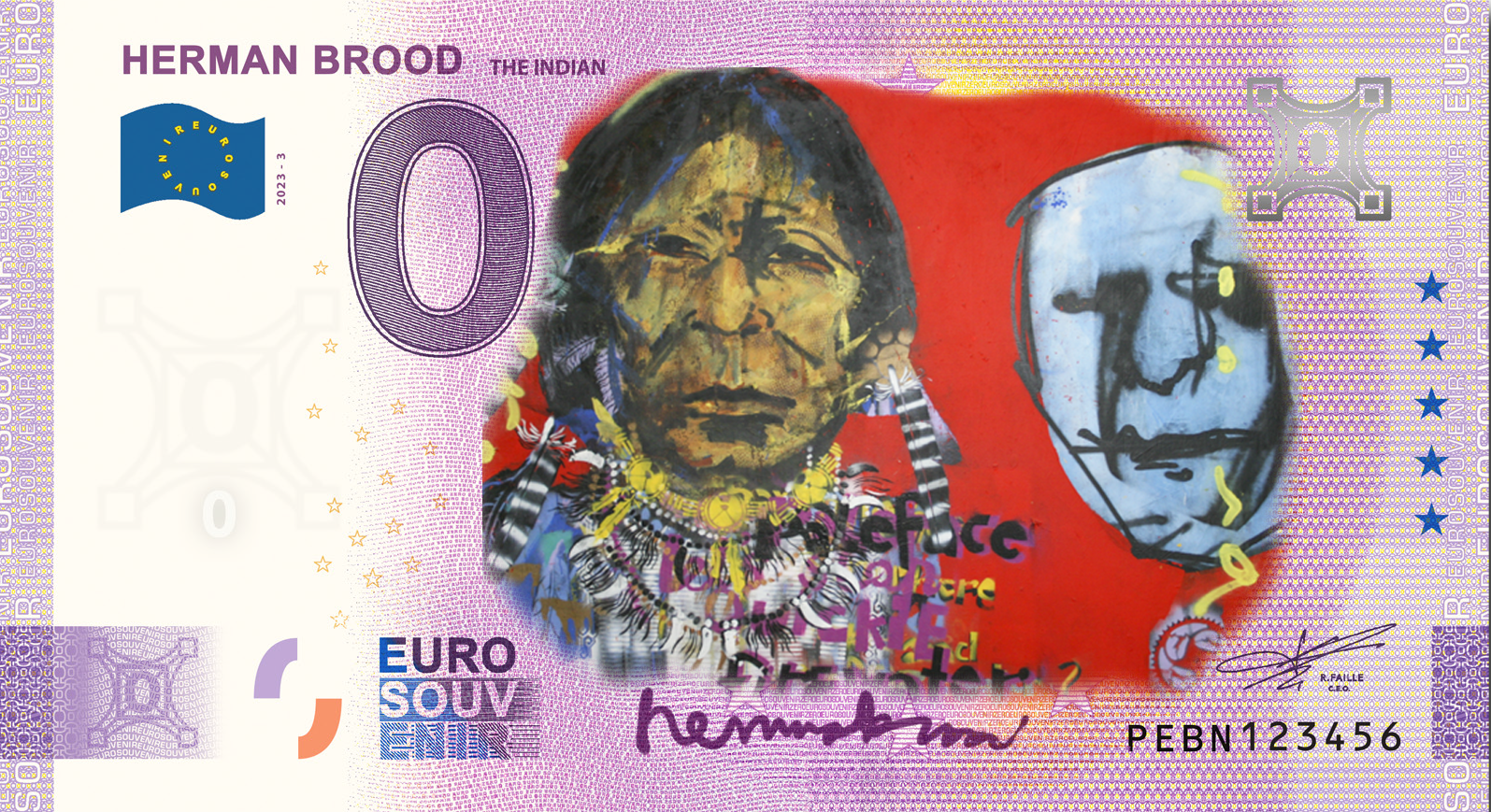 0 Euro biljet Nederland 2023 - Herman Brood The Indian KLEUR