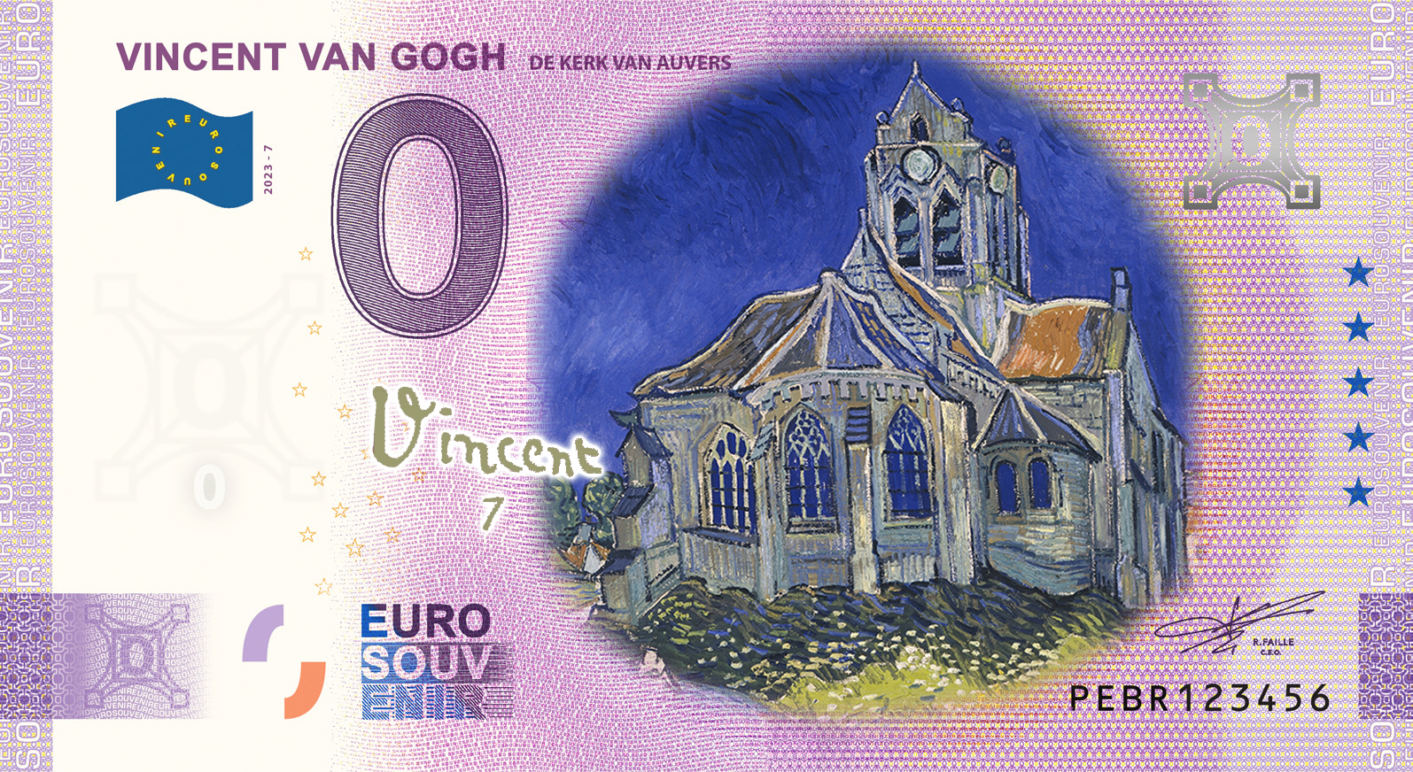 0 Euro biljet Nederland 2023 - Vincent van Gogh VII De Kerk van Auvers KLEUR