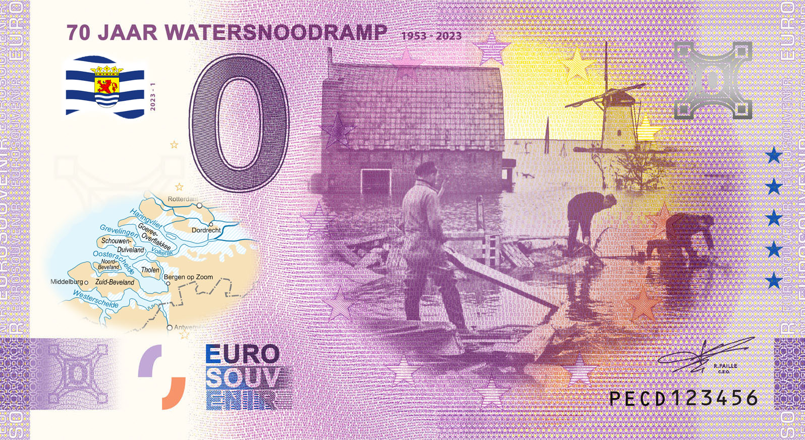 0 Euro biljet Nederland 2023 - 70 jaar Watersnoodramp KLEUR