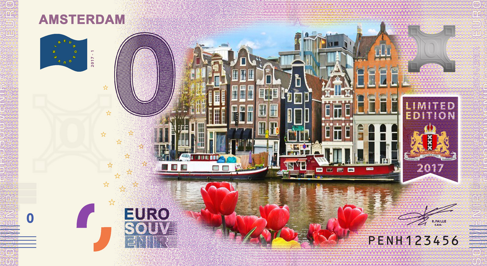0 Euro biljet Nederland 2017 - Amsterdam KLEUR