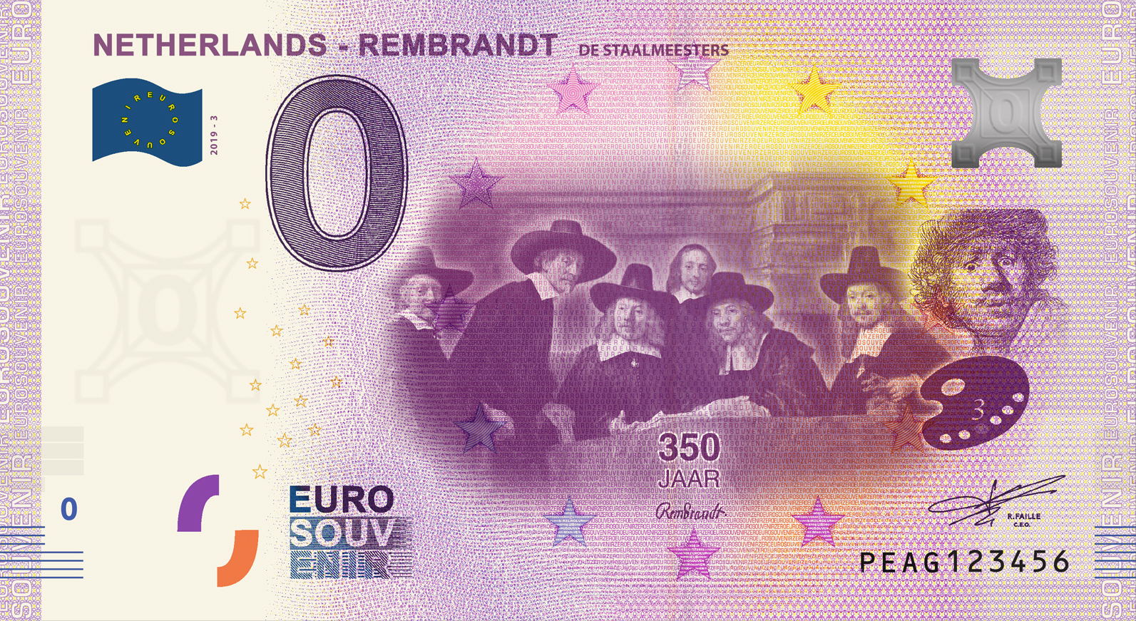 0 Euro biljet Nederland 2019 - Rembrandt De Staalmeesters LIMITED EDITION FIP#9