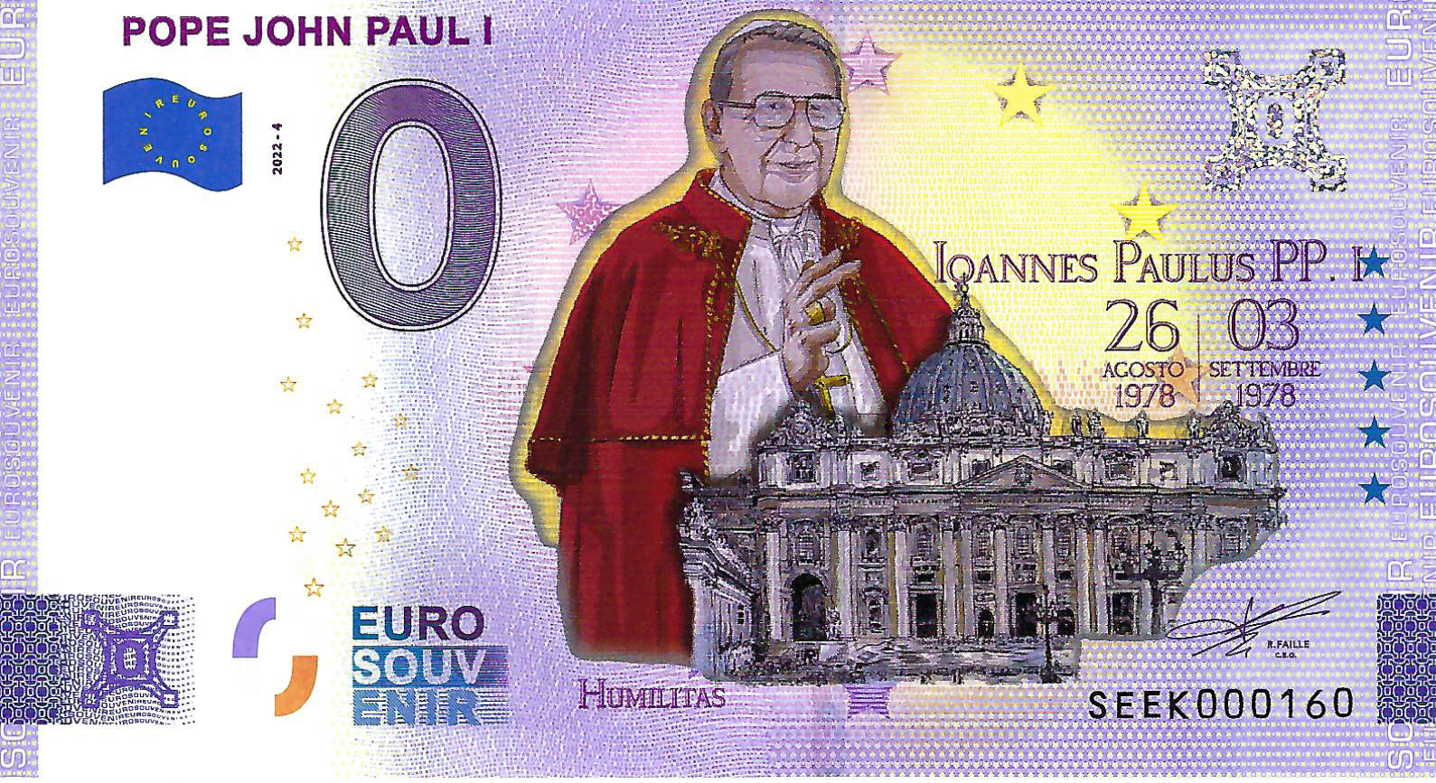 2022 Italy Zero Euro Souvenir Banknote – Pope John Paul II, Fior Di Stampa