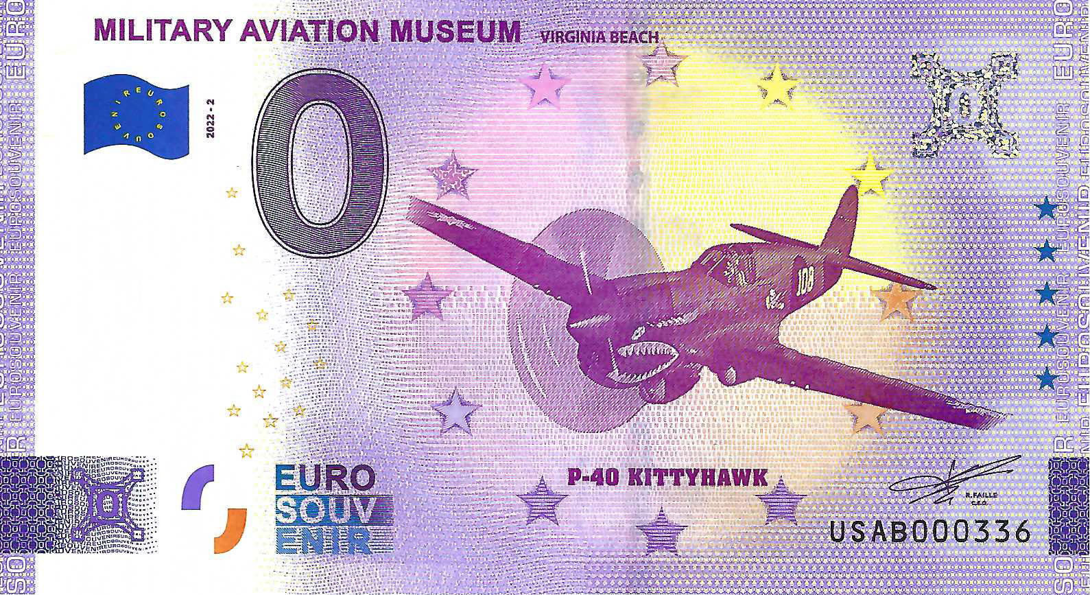 0 Euro biljet USA 2022 - Military Aviation Museum - P40 Kittyhawk