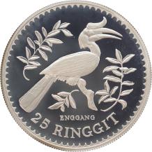 Malaysia 25 Ringgit Hornbill 1976 silver Proof