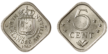 5 Cent vierkant gekroond wapen nikkel Nederlandse Antillen FDC